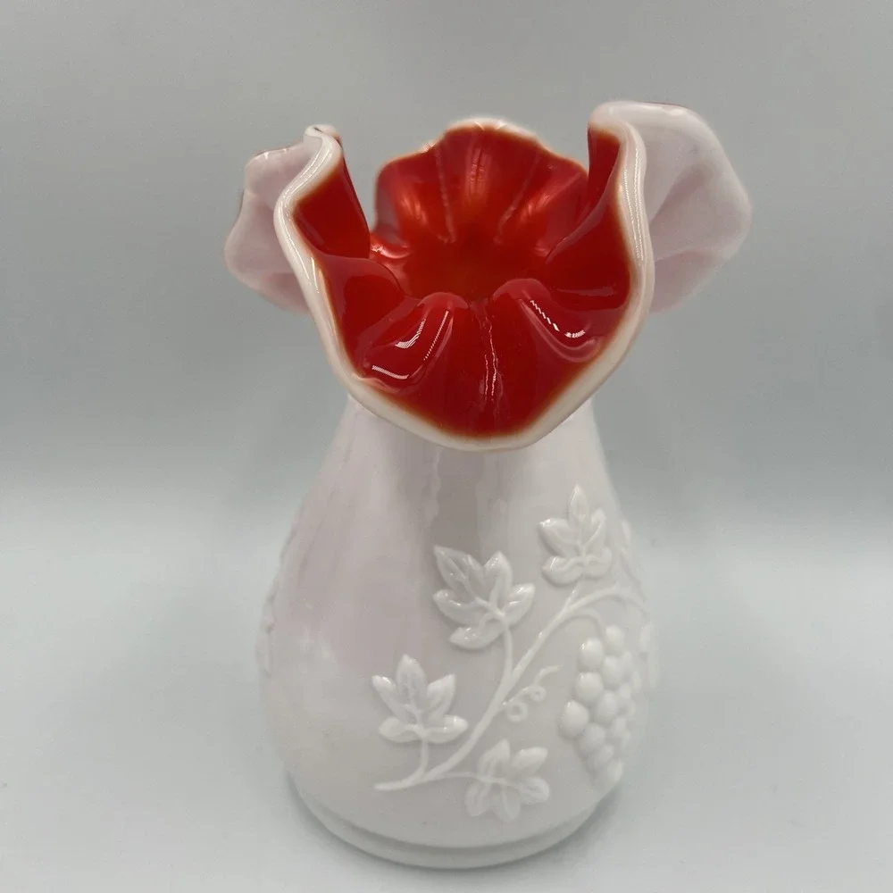 VTG Kanawha Pink Cased Glass Vase‎ w/ Ruby Red Interior Grape & Vine Ruffle